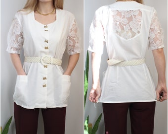 90s Women's lace white blouse short sleeve blouse L 40 12 size romantic vintage blouse 80's White shirt