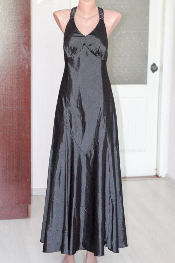 Black evening dress Black long satin dress size L… - image 7