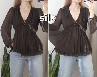 Blusa de seda marrón vintage para mujer con blusa de seda de manga larga talla S M 10 blusa romántica flare