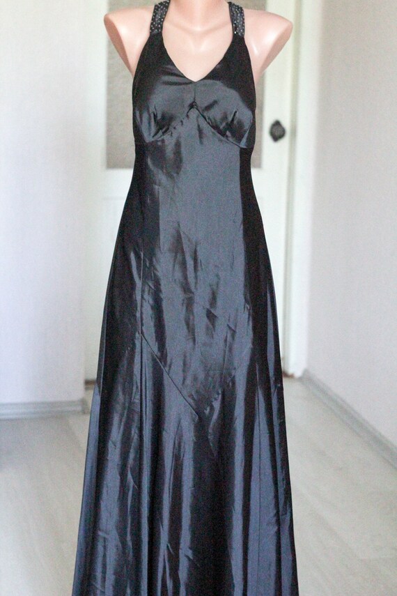 Black evening dress Black long satin dress size L… - image 4
