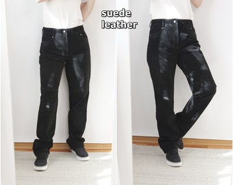 Vintage Black Genuine Leather Biker Pants 8 S 36 size 90s Vintage Rocker Women's Grunge Straight Leg High Waist Motorcycle Trousers