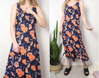 90's vintage womens dress, summer dress L XL 42 size, fitted floral print maxi dress long navy blue dress button up dress 90's grunge dress