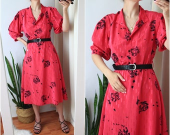 80's Vintage Women's Fuchsia dress with short sleeves 50s Style pink retro Dress s 36 8 size