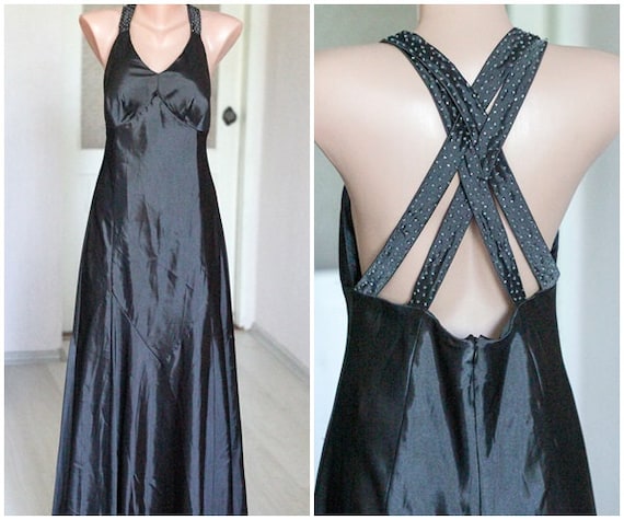 Black evening dress Black long satin dress size L… - image 1