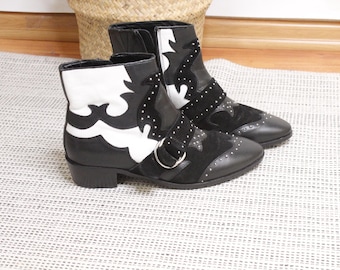Botas vaqueras vintage de cuero para mujer, talla 38 EU, 7 US, botines vintage negros y blancos, estilo boho rock, ropa de festival, botines de vaquero