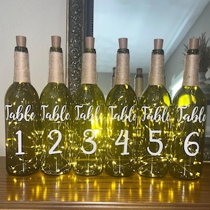 Wedding Table Numbers | Lighted Wine Bottle Centerpieces | Wedding Centerpieces | Table Numbers (6 bottles)