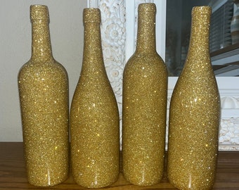 Gold Glitter Wine Bottles, Roaring 20’s, Great Gatsby, Gold Wedding Wine Bottle Centerpieces