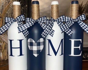 Modern Farmhouse | Buffalo Plaid Decor | County Decor | Wine Bottle | Home Decor | Matte Navy and White Decor