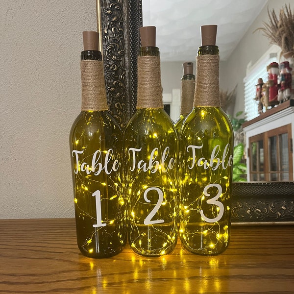 Lighted Wine Bottle Centerpieces | Wedding Centerpieces | Table Numbers (3 bottles)