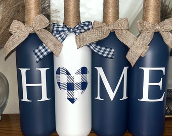 Farmhouse home decor | Country decor | Navy Decor | Wine bottle decor