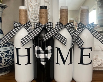 Modern Farmhouse | Buffalo Plaid Decor | County Decor | Wine Bottle | Home Decor