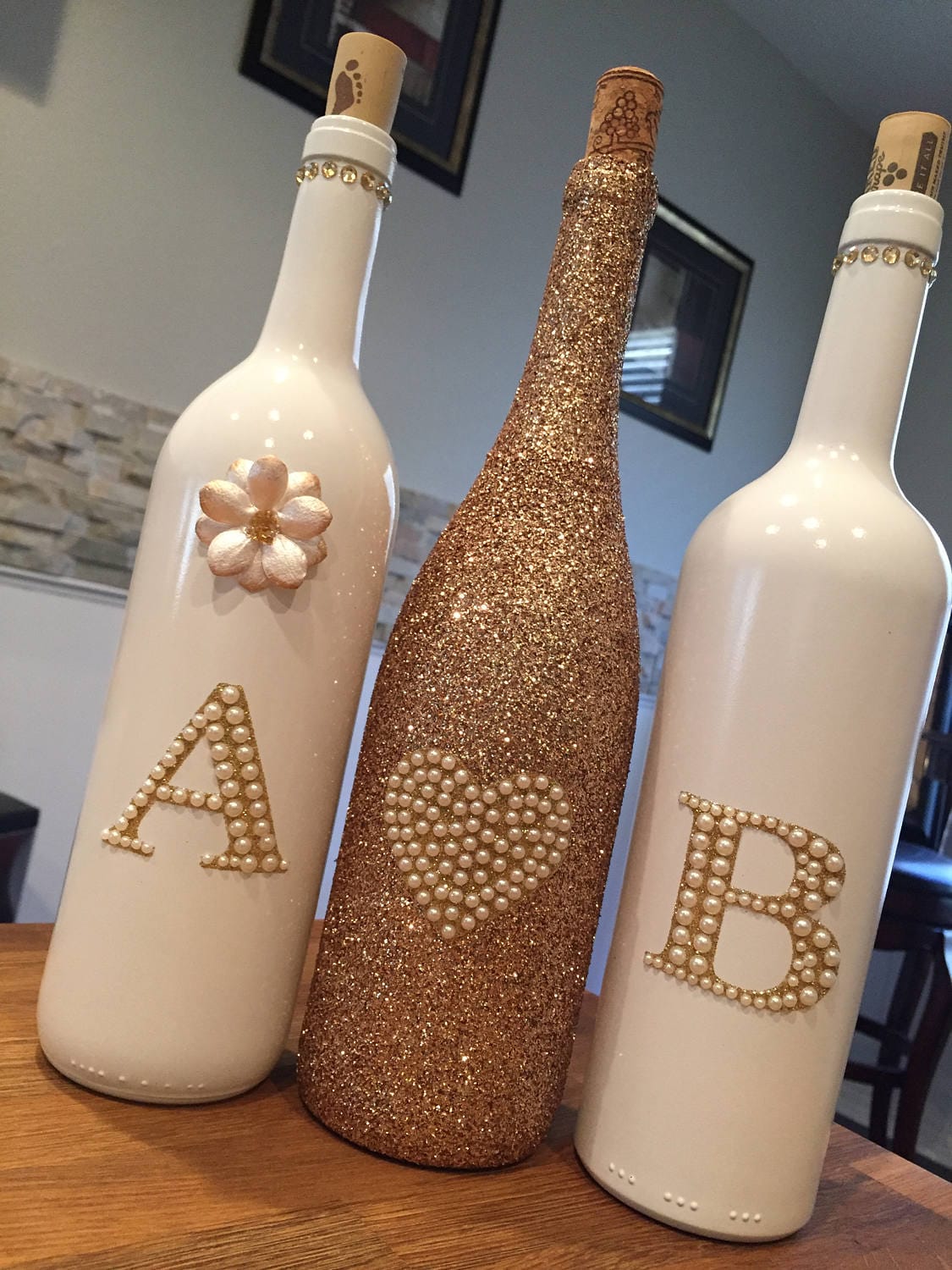 Rose Gold and White Custom Decorative Wine Bottle Set Etsy