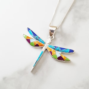 Sterling Silver American Turquoise and Multicolored Gemstone Inlaid Mini Dragonfly Pendant