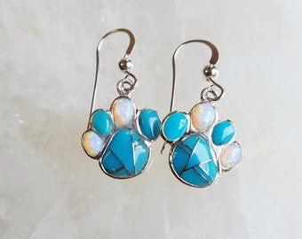 Sterling Silver American Turquoise and Created Opal Inlaid Animal Paw Print Dangle Earrings