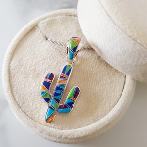 Sterling Silver American Turquoise Multicolored Inlaid Saguaro Cactus Pendant