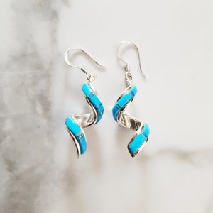 Sterling Silver American Turquoise and Created Opal Inlaid Spiral Dangle Earrings