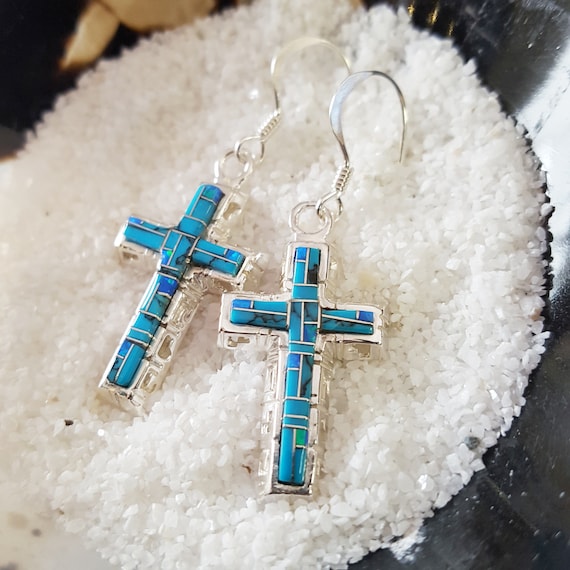 Cross Earrings Made with Turquoise-Color Crystal Sterling Silver Cross Earrings Made with Turquoise-Color Crystal Sterling Silver