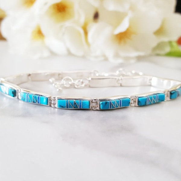 Sterling Silver American Turquoise and Created Opal Inlaid Wavy Link Bracelet