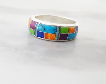 Sterling Silver American Turquoise and Created Opal Inlaid Multicolored Geometric Ring