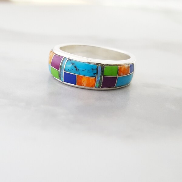 Sterling Silver Inlaid Band Ring - Etsy