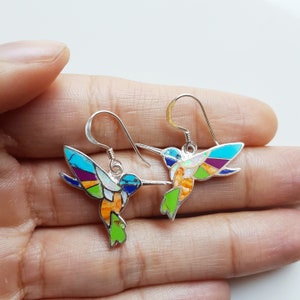 Sterling Silver American Turquoise Multicolored Gemstone Inlaid Hummingbird Dangle Earrings