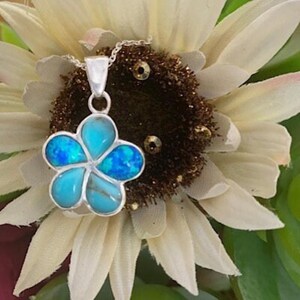 Sterling Silver American Turquoise and Created Opal Inlaid Flower Blossom Pendant