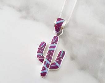Sterling Silver American Sugilite and Created Opal Inlaid Saguaro Cactus Pendant