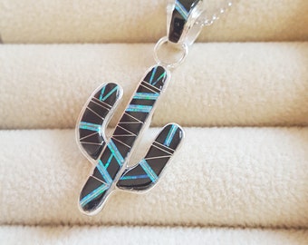Sterling Silver Black Onyx and Created Opal Inlaid Saguaro Cactus Pendant
