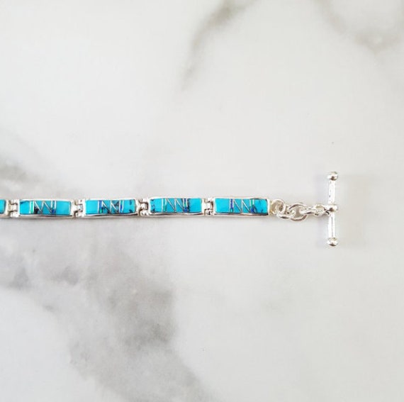 Sterling Silver American Turquoise and Created Opal Inlaid Wavy