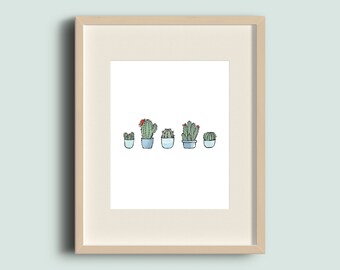 8x10 beachy teal potted watercolor succulents, cactus, potted plants - digital download