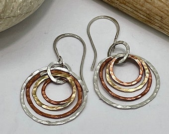 Mixed Metal Gold Copper Silver Circle Earrings, Handmade Hammered Metal Multi Circle Dangle Earrings, Minimalist small earrings for mom