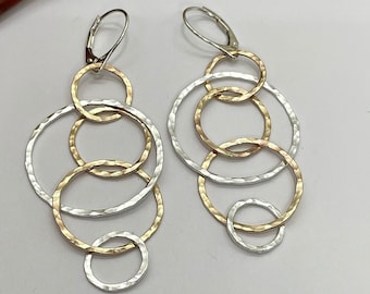 Gold and Silver Linked Circle Long Earrings, Multi Hoop Mixed Metal Earrings, Handmade Leverback Earrings, Minimalist Earrings