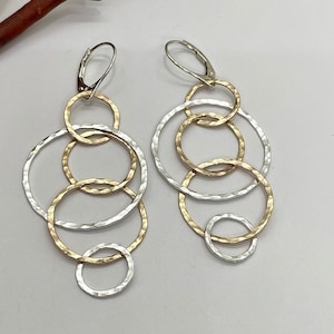 Gold and Silver Linked Circle Long Earrings, Multi Hoop Mixed Metal Earrings, Handmade Leverback Earrings, Minimalist Earrings