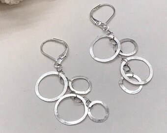 Sterling Silver Multi Circle Long Dangle Leverback Earrings. Handmade Lightweight, Easy To Wear Everyday Earrings