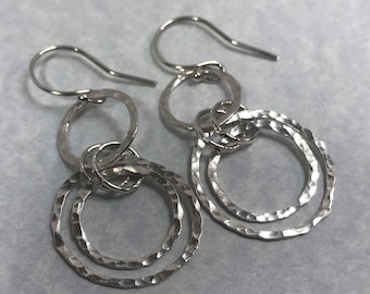 Silver Interlocking Hoop Earrings, Multi Hoop Earrings, Hammered Silver Earrings, Artisan Handmade, Silver Dangle Earrings, Gift for her