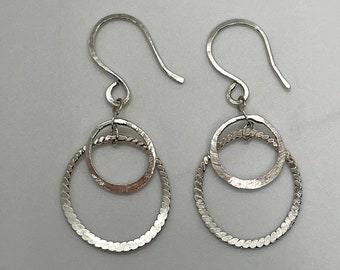 Sterling Silver Circle Earrings, Hammered Silver Dangle Earrings, Multi Hoop Earrings, Minimalist Earrings, Lightweight Everyday Earrings