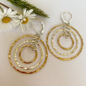 Gold and Silver Multi Hoop Leverback Earrings, Artisan Handmade Lightweight Linked Circle Earrings, Interlocking hoops, Mother&#39;s Day Gift