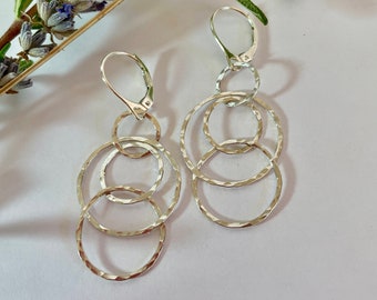 Small Silver Leverback Earrings, Interlocking Circle Earrings, Lightweight Hammered Silver Earrings, Linked Hoop Earrings, Artisan Handmade