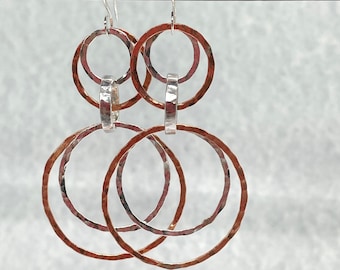 Copper and Sterling Silver Multi Hoop Earrings, Large Hoops, Artisan handmade Mixed Metal Lightweight interlocking circle earrings