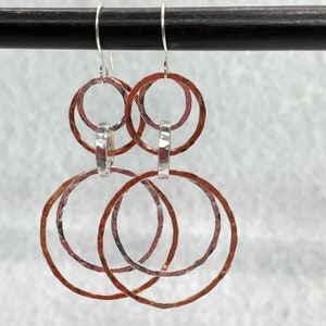 Copper and Sterling Silver Multi Hoop Earrings, Large Hoops, Artisan handmade Mixed Metal Lightweight interlocking circle earrings image 1
