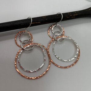Copper and Sterling Silver Multi Hoop Earrings, Large Hoops, Artisan handmade Mixed Metal Lightweight interlocking circle earrings image 5