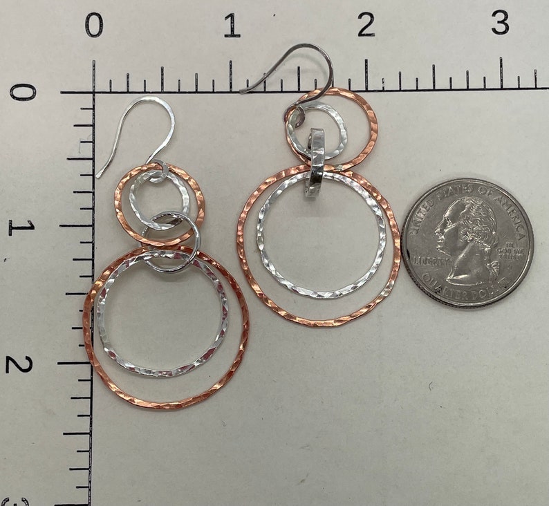 Copper and Sterling Silver Multi Hoop Earrings, Large Hoops, Artisan handmade Mixed Metal Lightweight interlocking circle earrings image 2