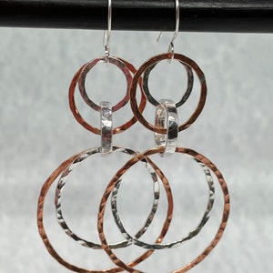 Copper and Sterling Silver Multi Hoop Earrings, Large Hoops, Artisan handmade Mixed Metal Lightweight interlocking circle earrings image 8