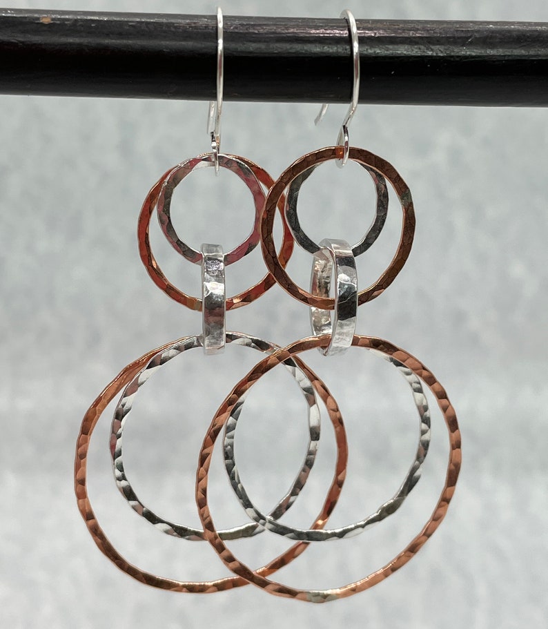 Copper and Sterling Silver Multi Hoop Earrings, Large Hoops, Artisan handmade Mixed Metal Lightweight interlocking circle earrings image 8