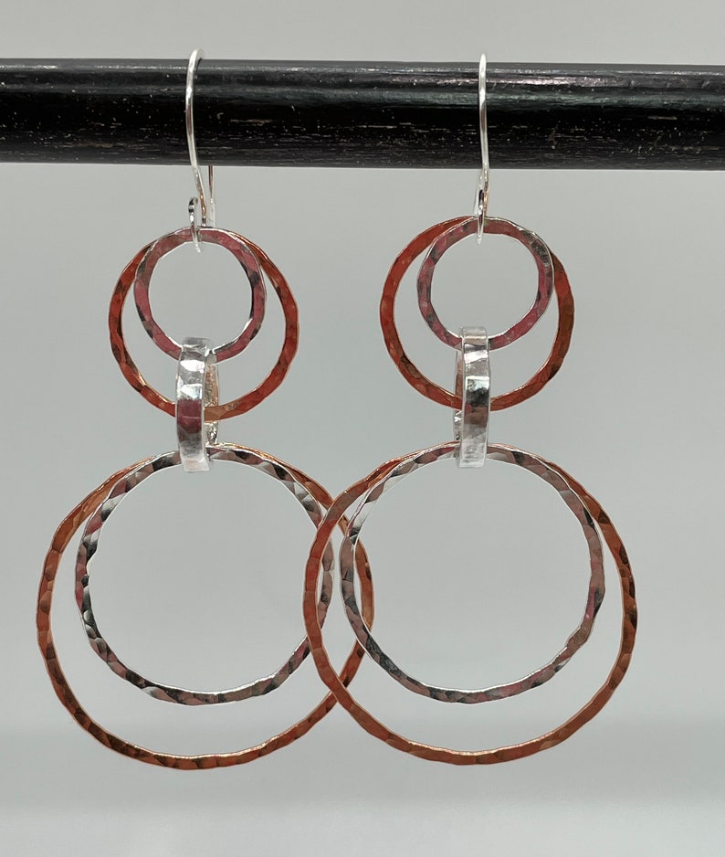 Copper and Sterling Silver Multi Hoop Earrings, Large Hoops, Artisan handmade Mixed Metal Lightweight interlocking circle earrings image 7