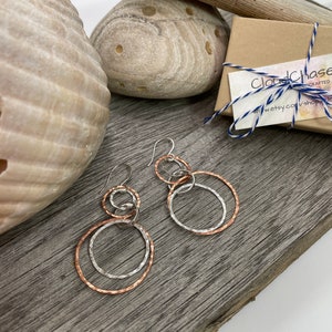 Copper and Sterling Silver Multi Hoop Earrings, Large Hoops, Artisan handmade Mixed Metal Lightweight interlocking circle earrings image 9