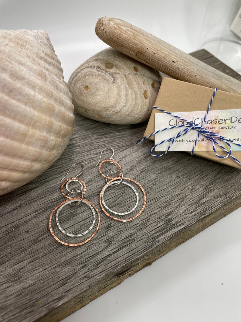 Copper and Sterling Silver Multi Hoop Earrings, Large Hoops, Artisan handmade Mixed Metal Lightweight interlocking circle earrings image 4