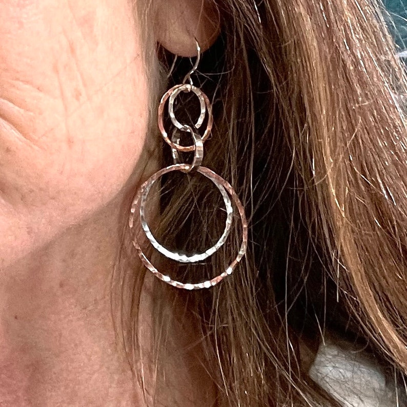 Copper and Sterling Silver Multi Hoop Earrings, Large Hoops, Artisan handmade Mixed Metal Lightweight interlocking circle earrings image 3