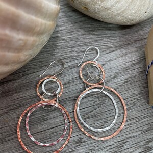 Copper and Sterling Silver Multi Hoop Earrings, Large Hoops, Artisan handmade Mixed Metal Lightweight interlocking circle earrings image 6