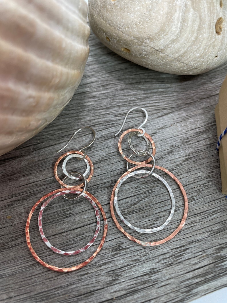 Copper and Sterling Silver Multi Hoop Earrings, Large Hoops, Artisan handmade Mixed Metal Lightweight interlocking circle earrings image 6